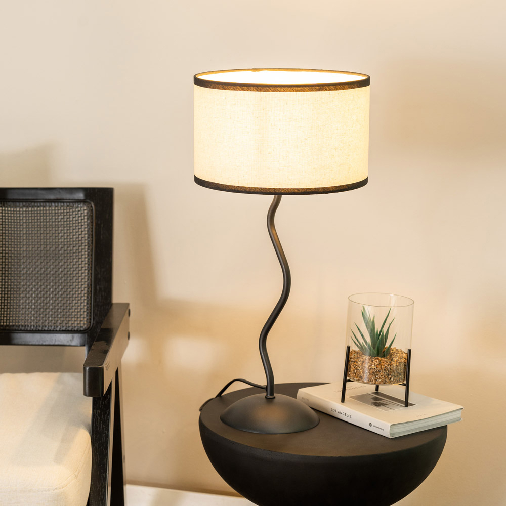 ValueLights Wiggle Linen Black Edge Drum Shade Black Metal Stem LED Table Lamp Image 2