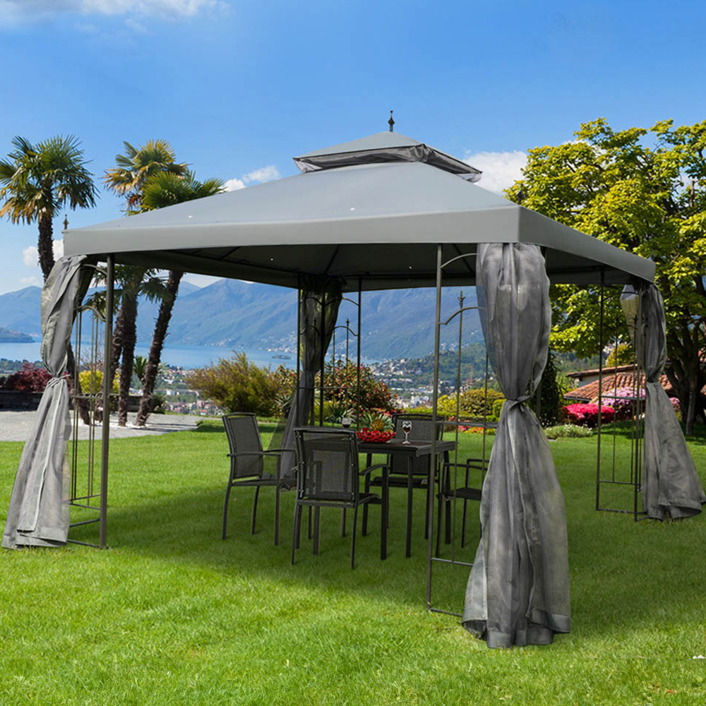 Outsunny 3 x 3m Sun Grey Double Top Gazebo with Mesh Curtains Image 1