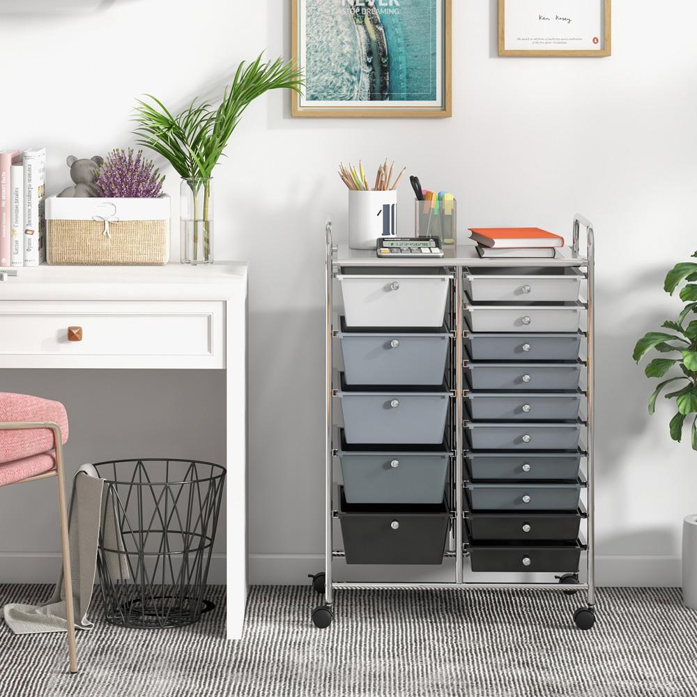 Costway 15 Drawer Grey Rolling Storage Cart Image 2