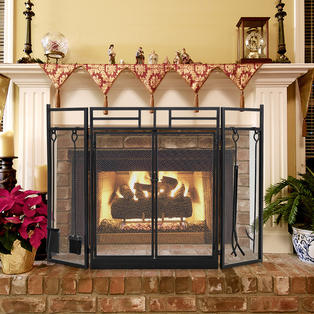 Costway 3 Panel Black Folding Fireplace Screen with Tools Set Image 2
