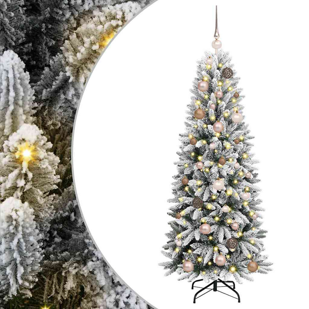 vidaXL Pre-Lit Rose Gold Baubles Artificial Snow Flocked Christmas Tree 5ft Image 2