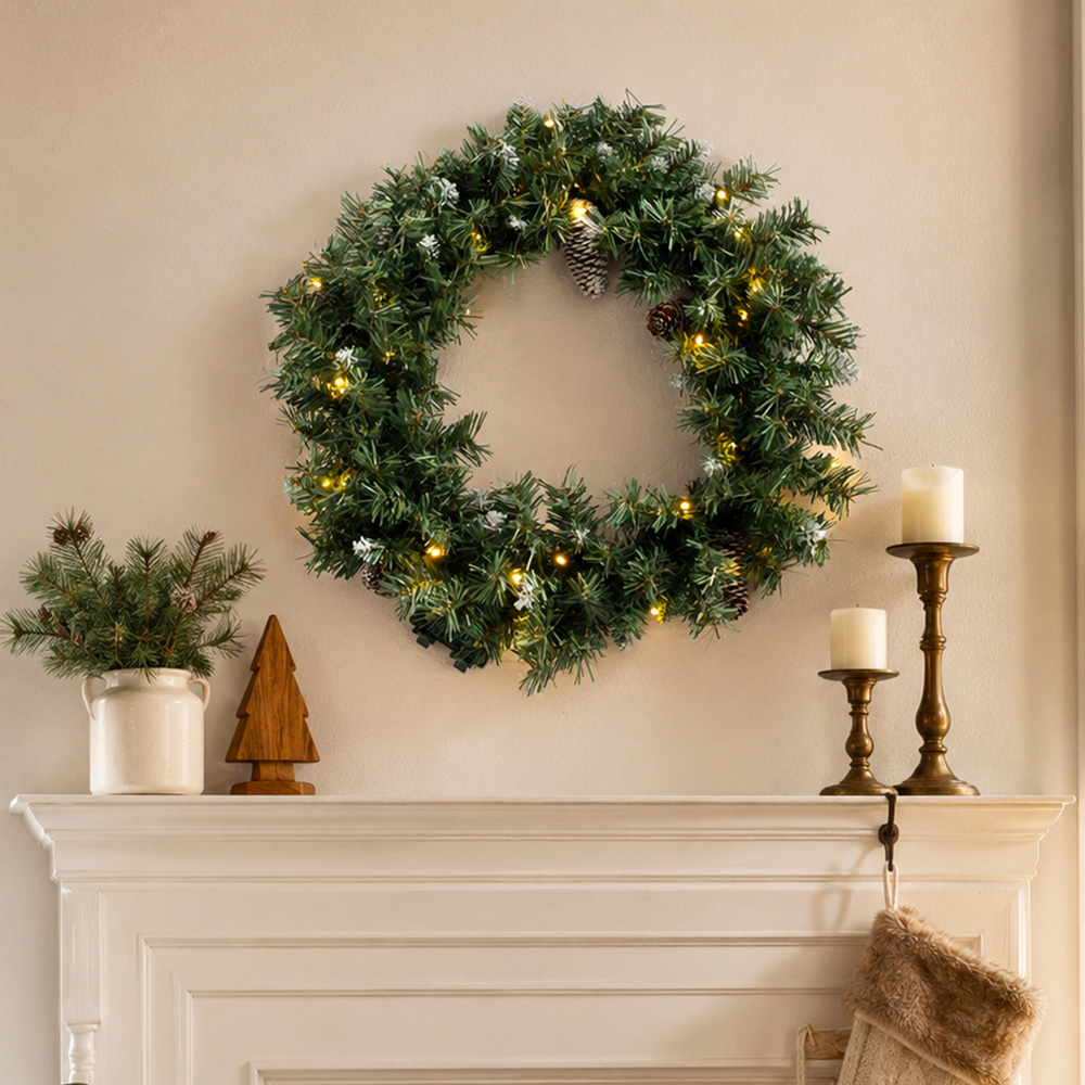 Abrihome 35 Warm White LED Multi-Function Artificial Christmas Wreath with Tips and Pinecones 50cm Image 3