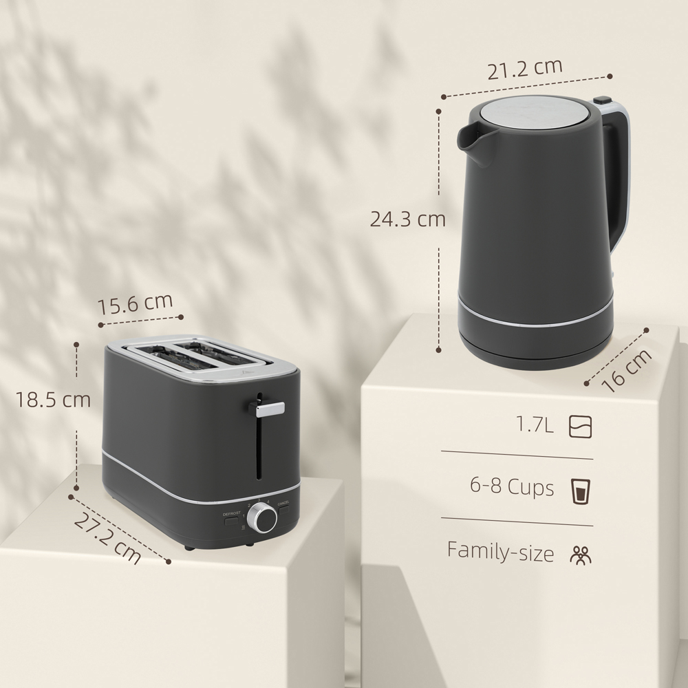 HOMCOM 800-232V70GY Grey 1.7L Fast Boil Electric Kettle 3000W and 2 Slice Toaster Set Image 9