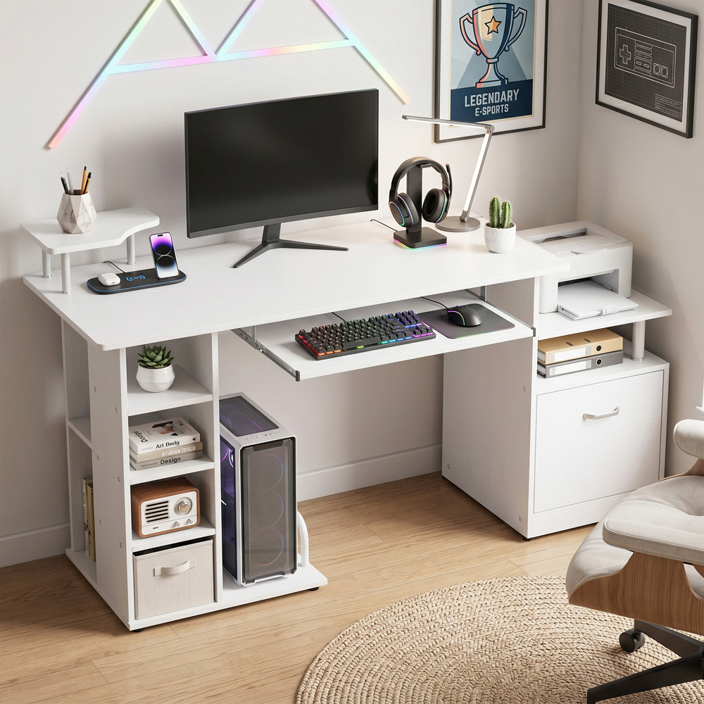 HOMCOM Single Drawer 8 Shelf Wooden Computer Desk with Keyboard Tray CPU Storage Rack White Image 3