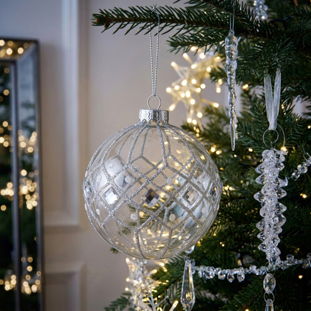 Silver Jewelled Clear Glass Bauble Image 2