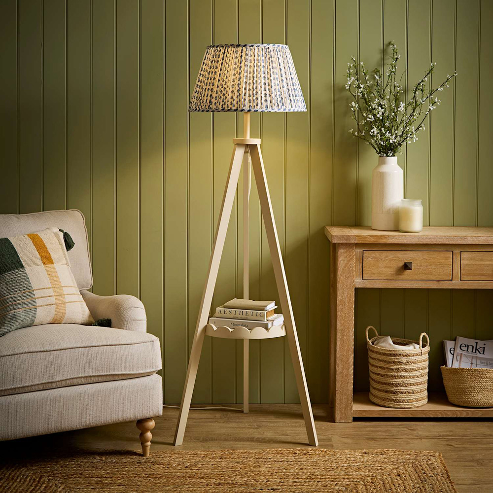 ValueLights Morrigan Blue Floral Pleated Shade Cream Scallop LED Tripod Floor Lamp with Bulb Image 6