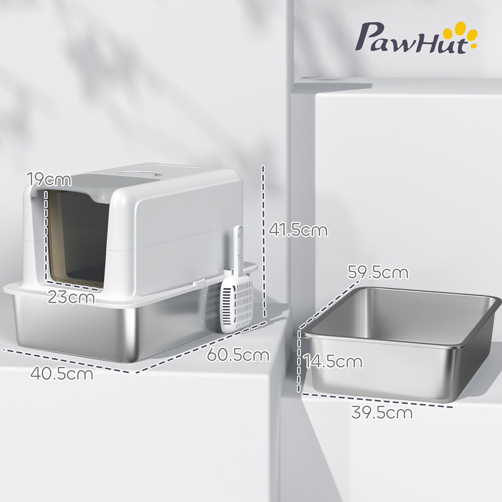 PawHut Grey Stainless Steel Cat Litter Box with Removable Lid and Scoop Image 9