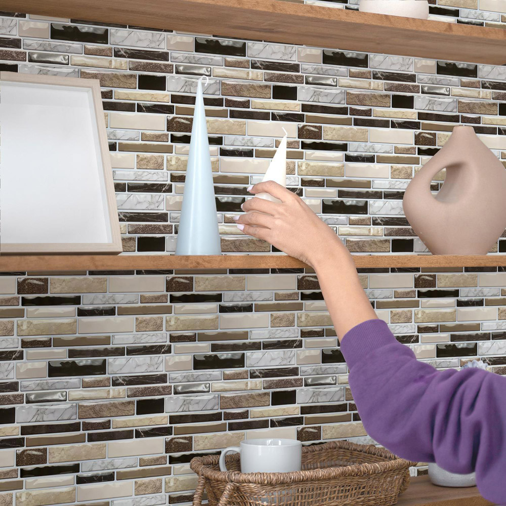 Walplus Brown Stone Glossy Mosaic Peel and Stick Backsplash 3D Tile Stickers 20 Pack Image 3