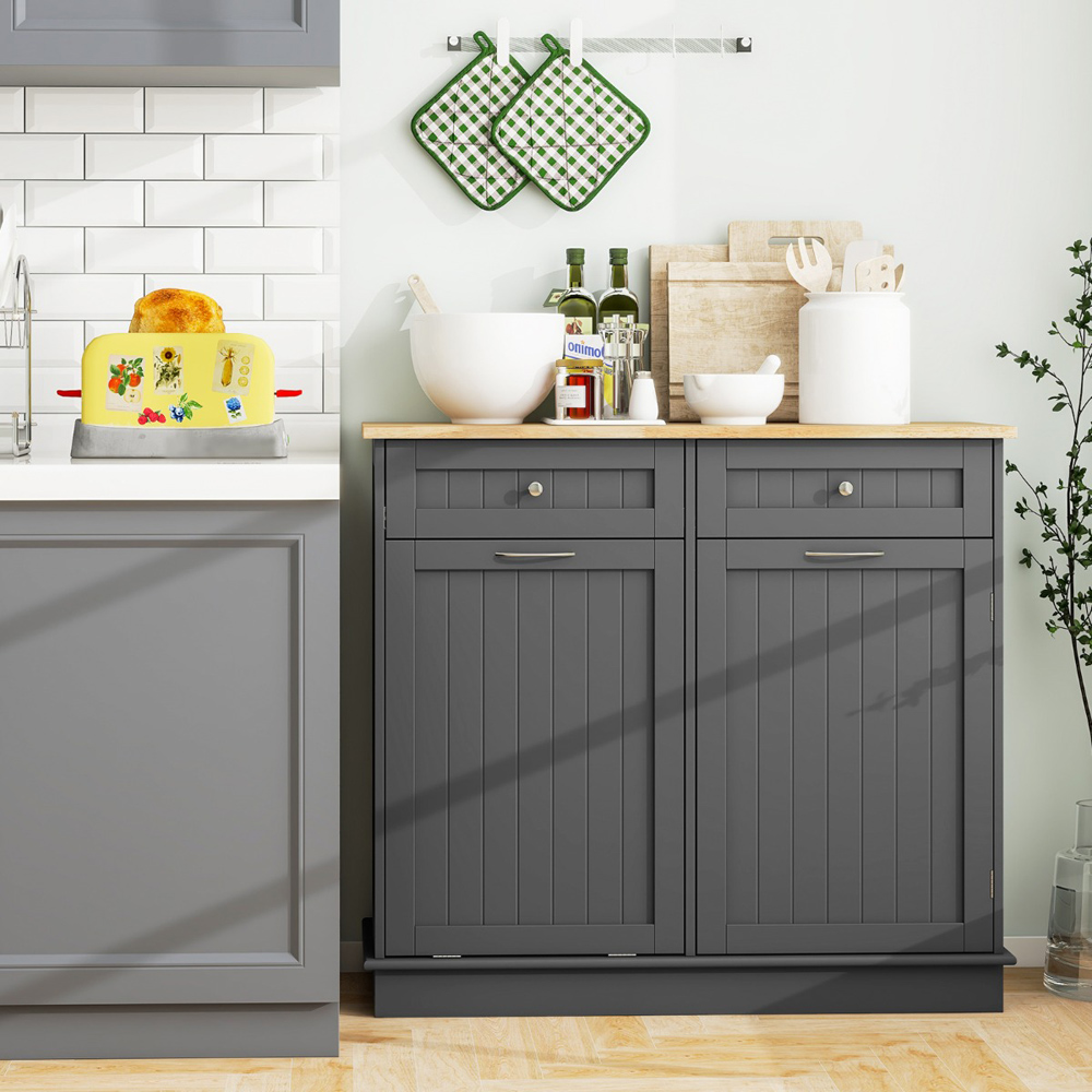 Costway Grey Kitchen Tilt Out Trash Cabinet with 70L Hidden Garbage Holder Image 3