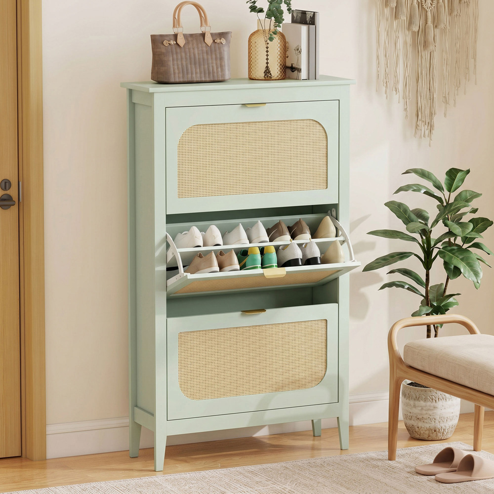 HOMCOM 3 Flip Door Green Rattan Boho-Style Slim Shoe Cabinet Image 3