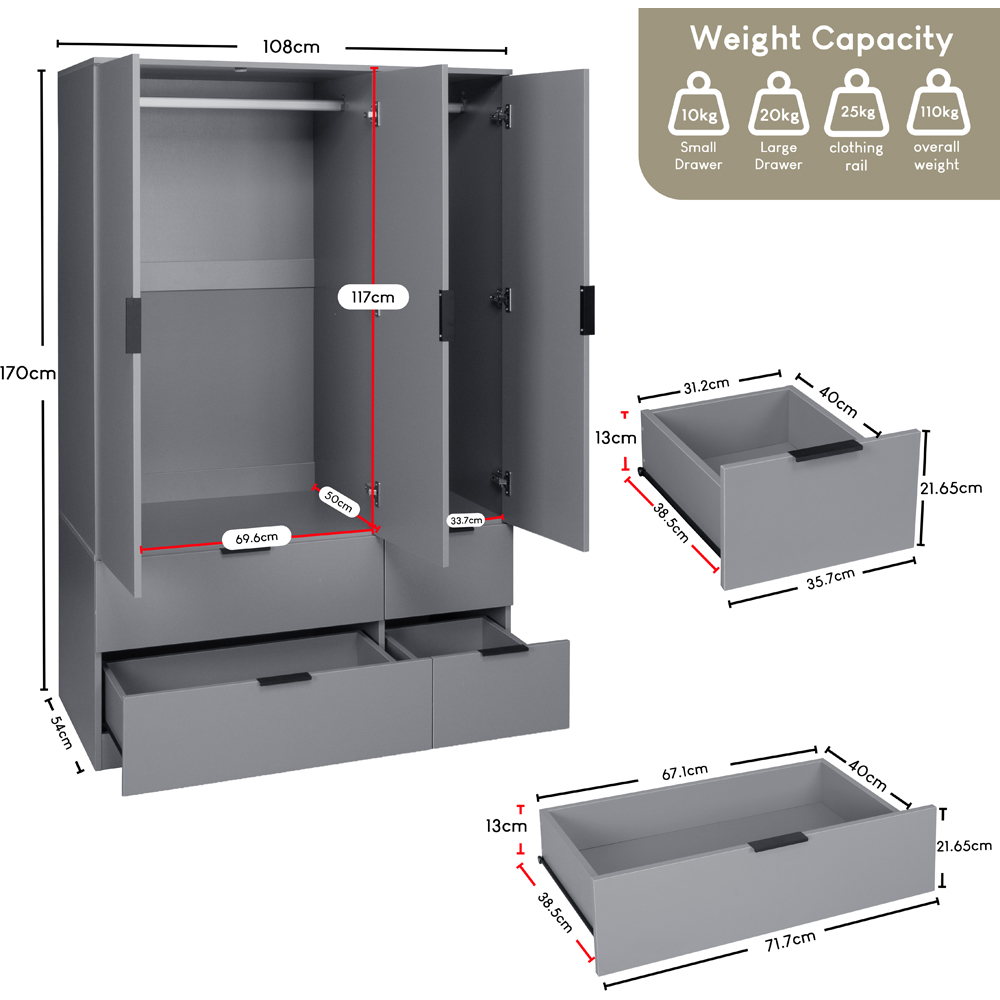 VIDA DESIGNS Trega 3 Door 4 Drawer Grey Wardrobe Image 9