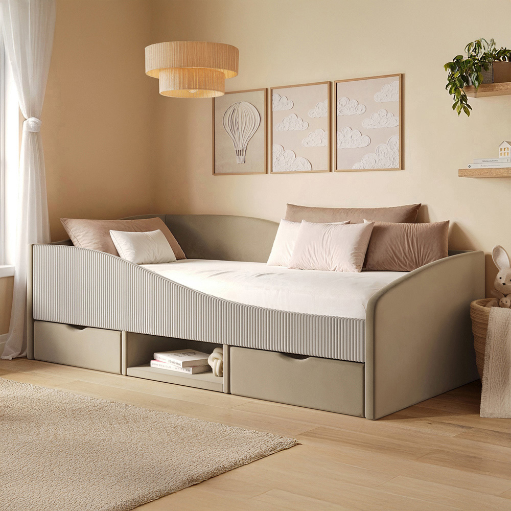 Flair Aubrey Beige Velvet and Cord Low Sleeper Bed with Storage Image 1