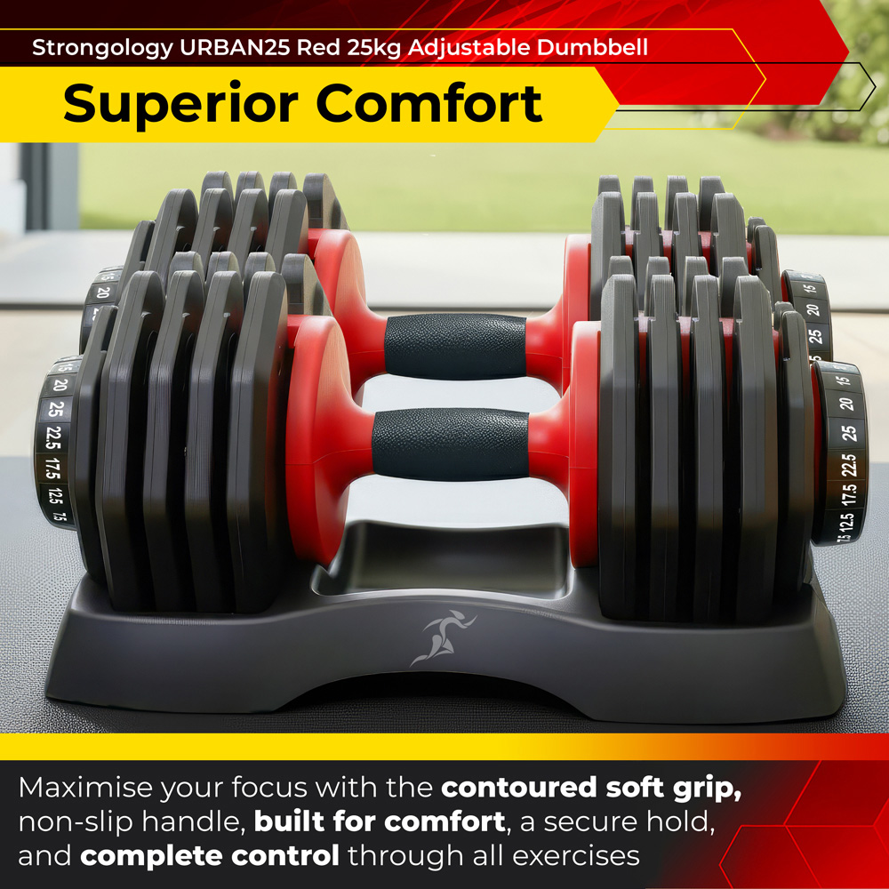 Strongology Urban25 Home Fitness Black and Red Adjustable Dumbbells 2.5kg to 25kg 2 Pack Image 4