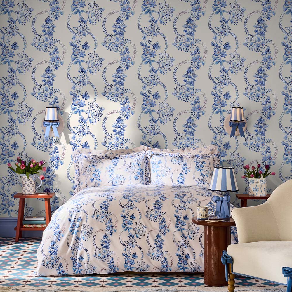 Cath Kidston Road Floral Blue and White Wallpaper Image 3
