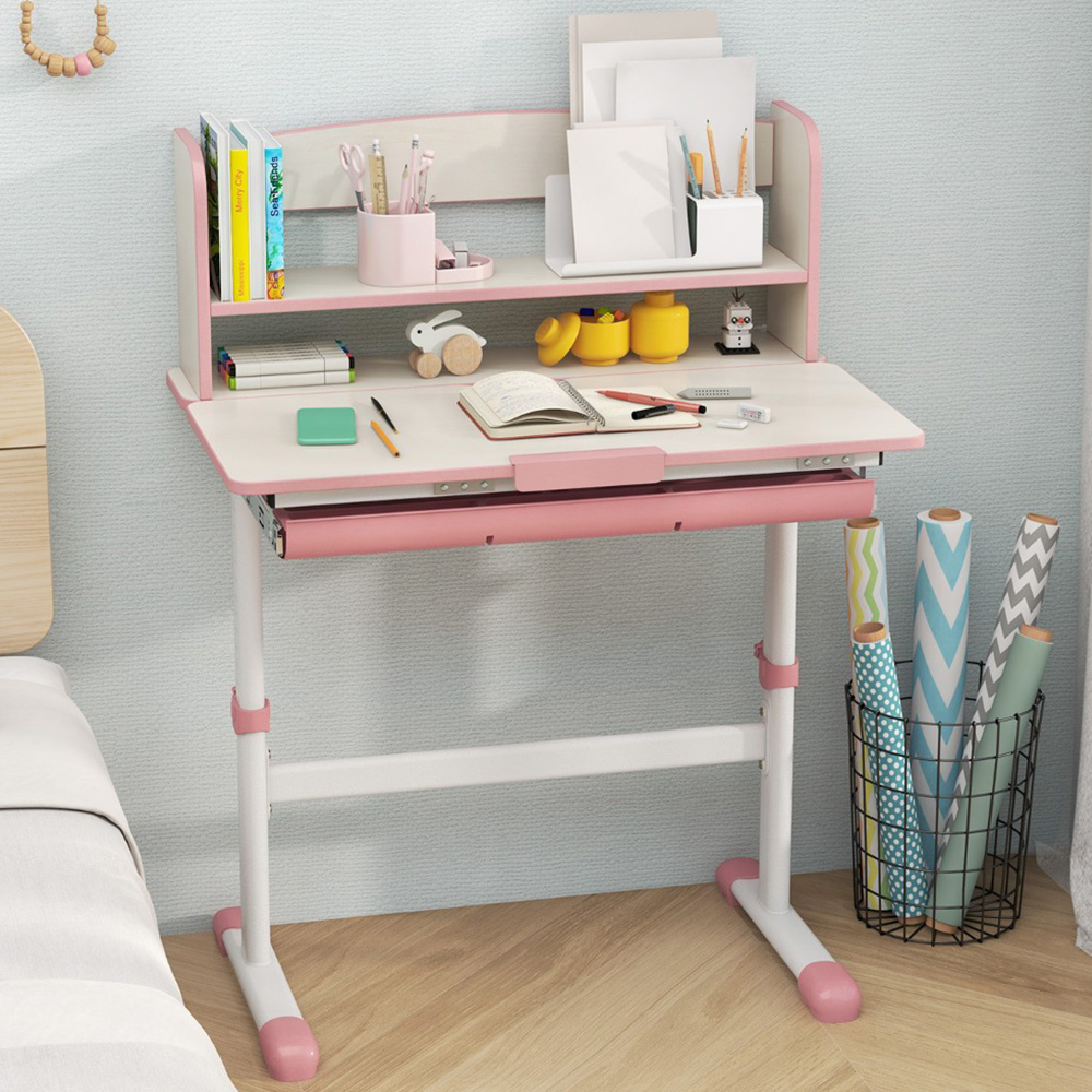Costway Kids Single Drawer 2 Shelf Adjustable Tilted Desk Pink Image 1
