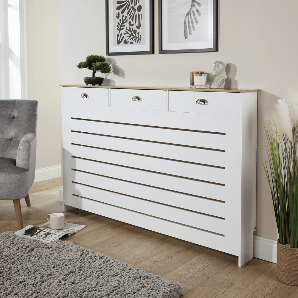 Home Source Batley 3 Drawer White and Oak Horizontal Slat Radiator Cover Large Image 2