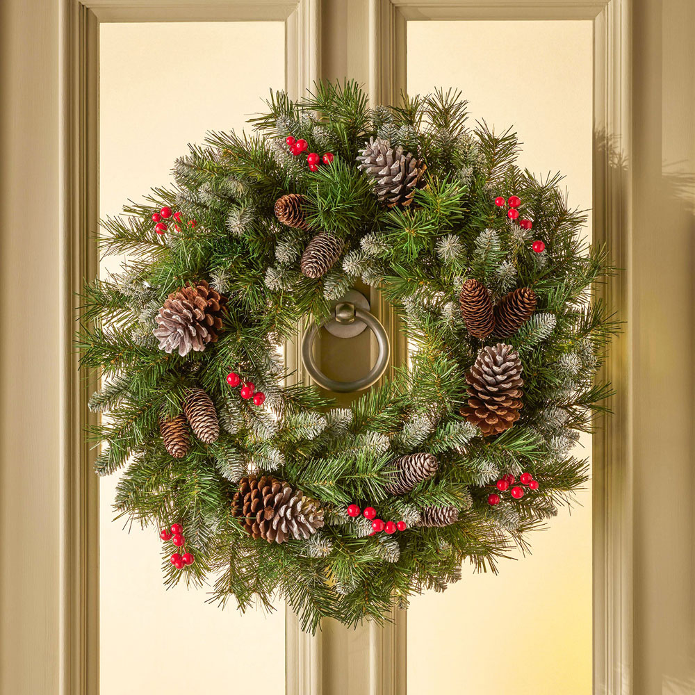 The Christmas Centre 100 Warm White LED Frosted Winterberry Wreath with Berries and Pinecones 60cm Image 2