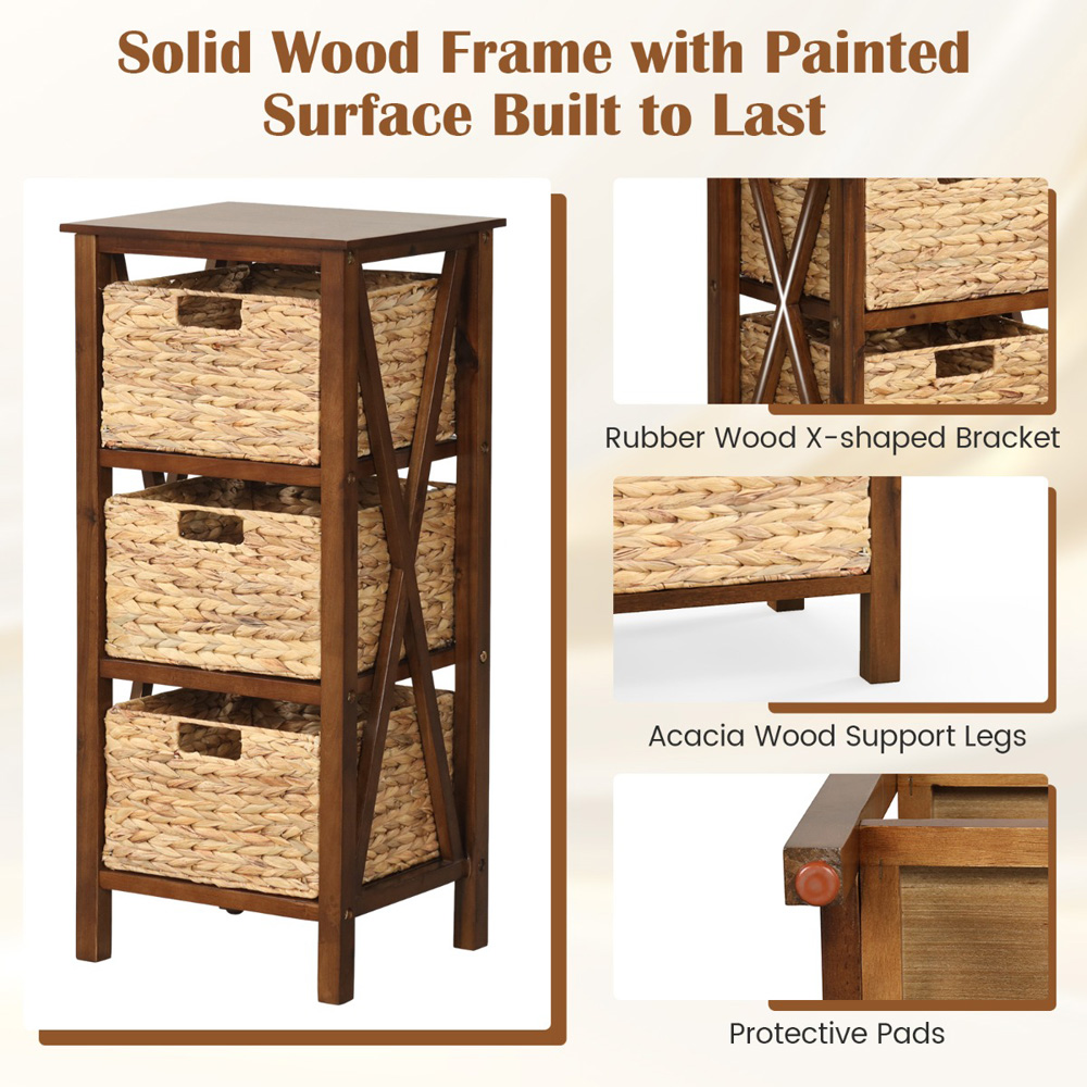 Costway 3 Shelf Rustic Brown Side Table with Seagrass Baskets Image 6