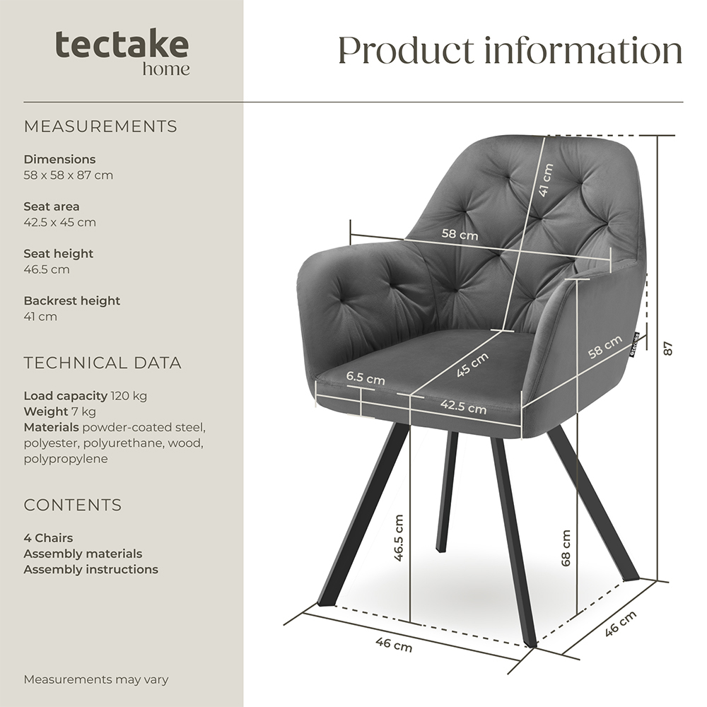 tectake Lucia Set of 4 Anthracite Swivel Armchair Image 9