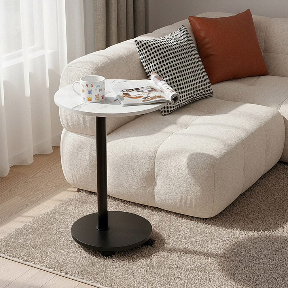 Living and Home White Marble Look Round Side Table with Lockable Castors Image 8