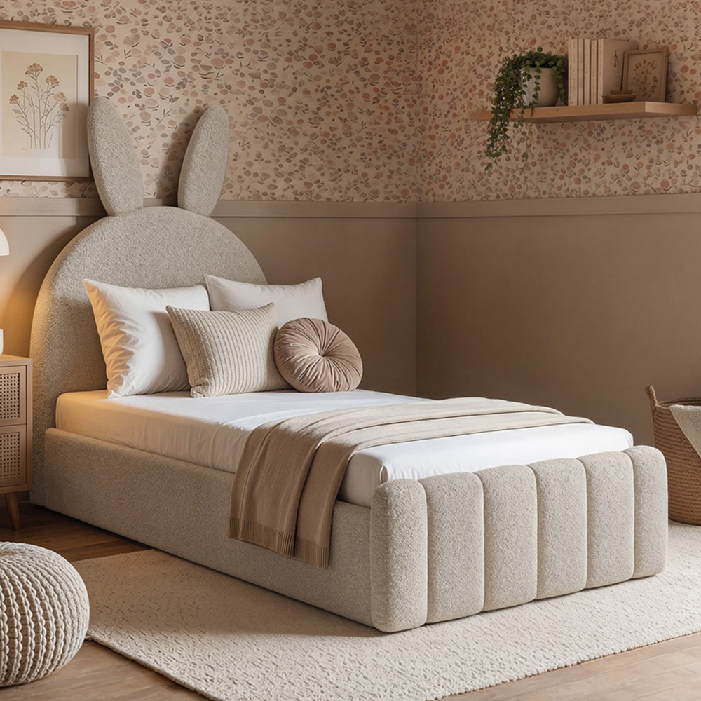 Flair Lapin Single Beige Boucle Bed with Bunny Headboard Image 1