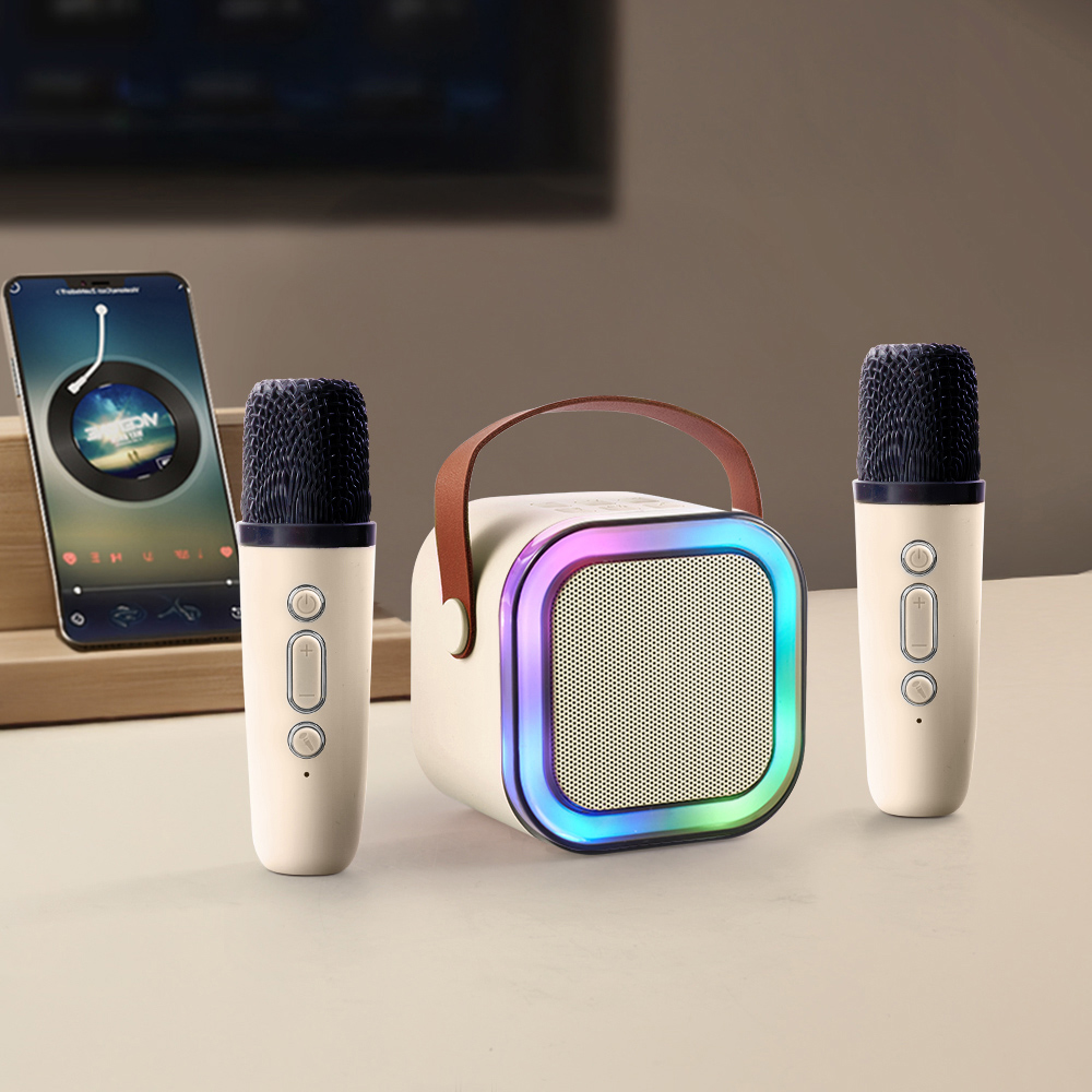 H&O Direct White Portable Karaoke Machine Microphones with Sound and Light Effects Image 5