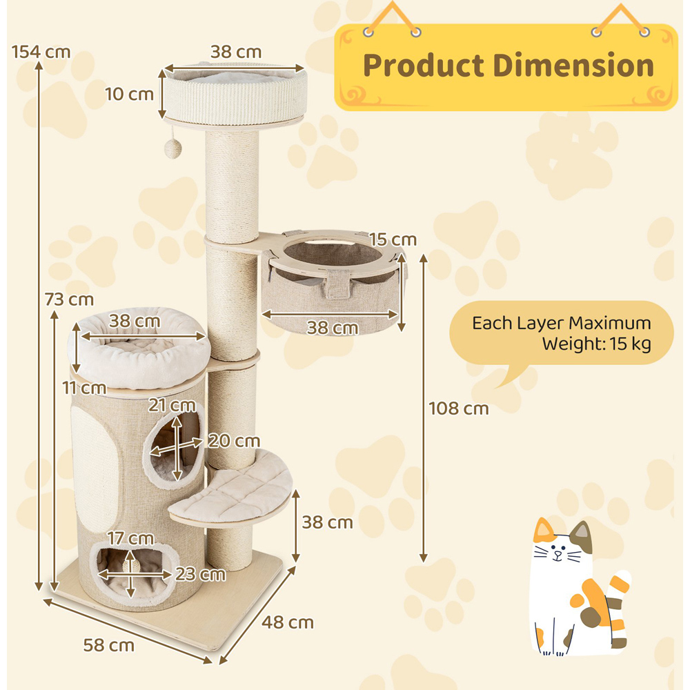 Costway Natural Multi Level Cat Tree with 2 Storey Condo 154cm Image 9