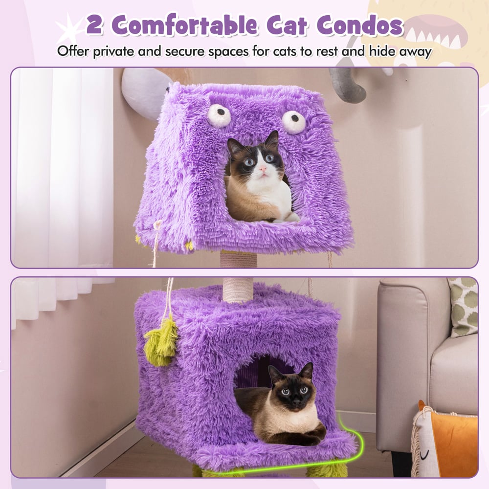 Costway Purple Monster Themed Cat Tower with 2 Private Condos 111cm Image 4