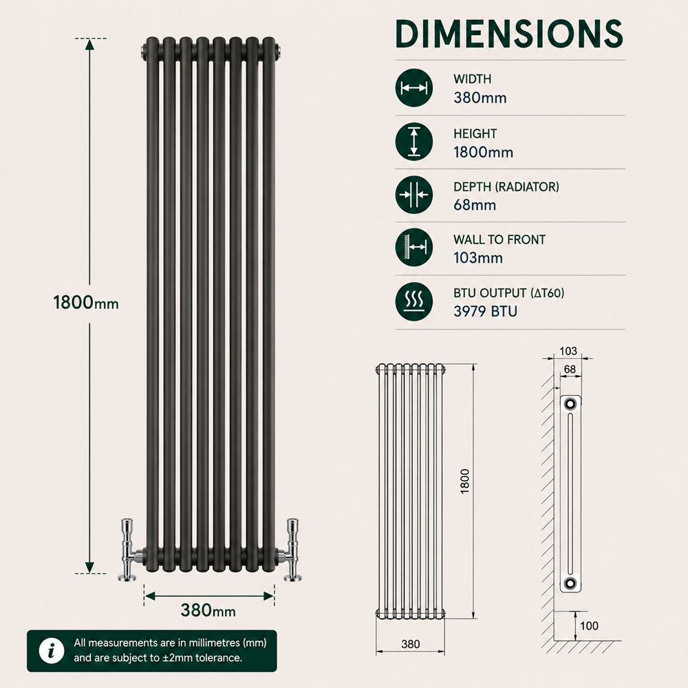 Go Bathrooms Uxbridge Anthracite Vertical Traditional Colosseum Radiator 1800 x 380mm Image 6