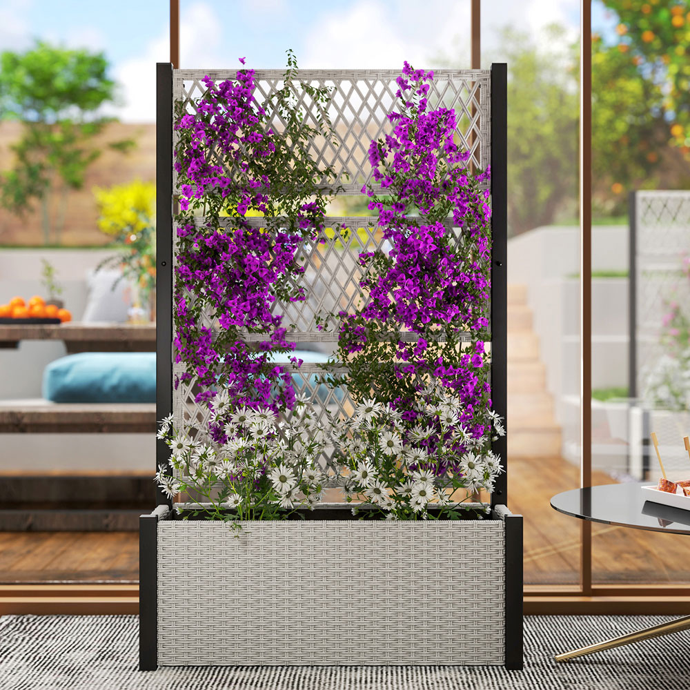 Outsunny Mixed Grey Rattan Raised Garden Planter with Trellis Image 3