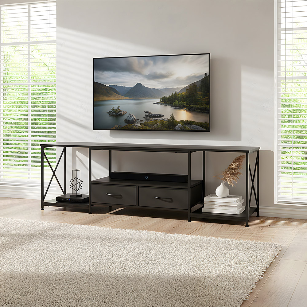 Living and Home 2 Fabric Drawer 3 Shelf Black Industrial TV Stand Image 8