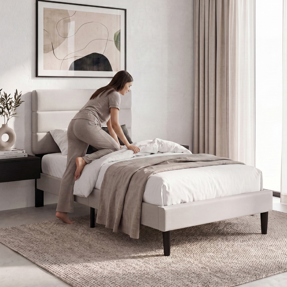VIDA DESIGNS Vandura Single Beige Linen Fabric Bed with Memory Foam Bonnell Spring Mattress Image 3