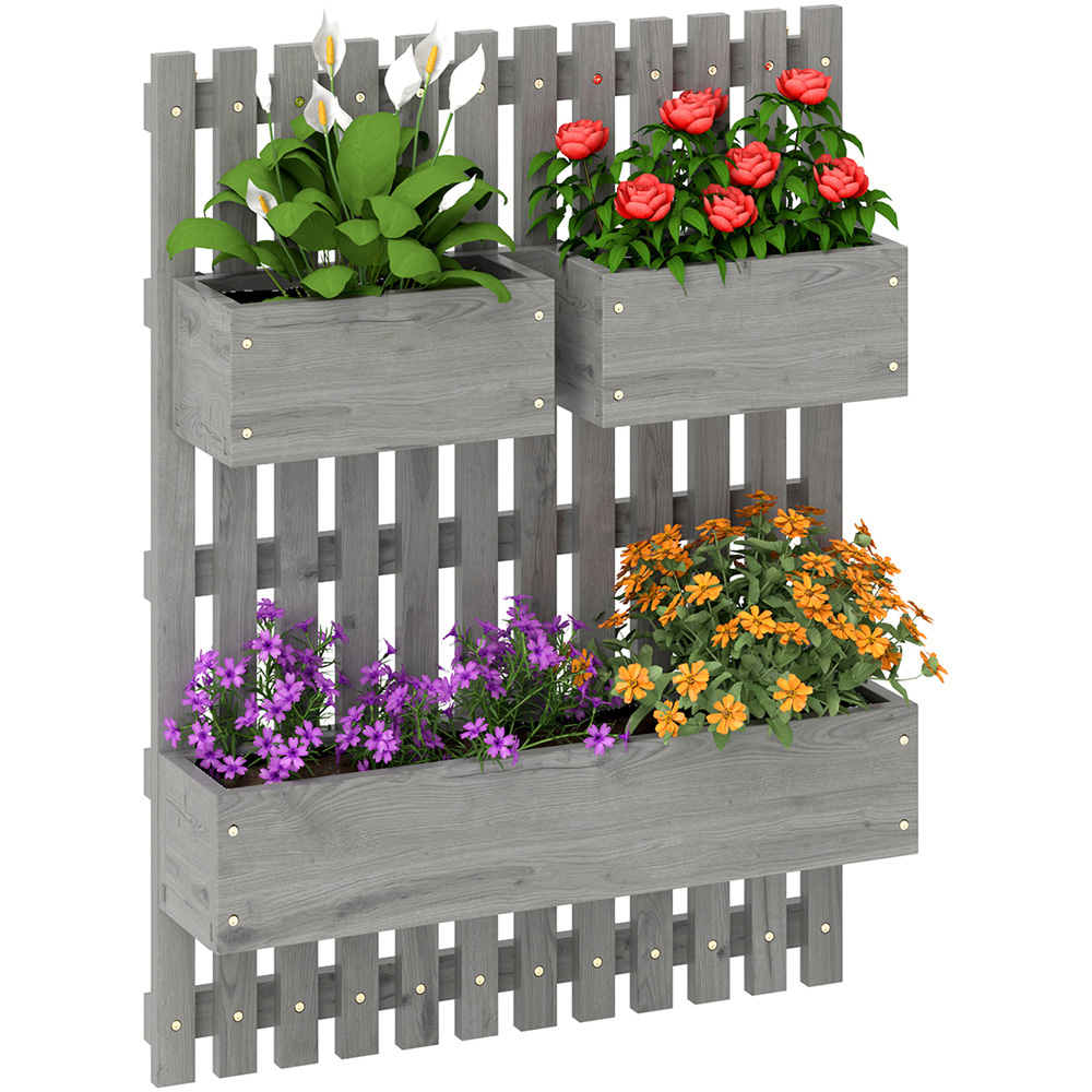 Outsunny 3 Box Grey Wooden Wall-Mounted Garden Planter with Trellis Image 1