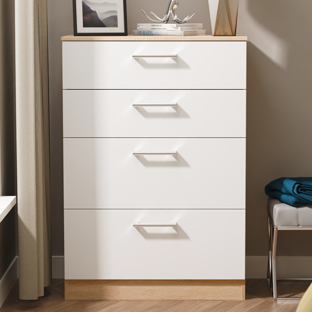 Crowndale Devon 4 Drawer White Matt and Bardolino Oak Deep Chest of Drawers Ready Assembled Image 1