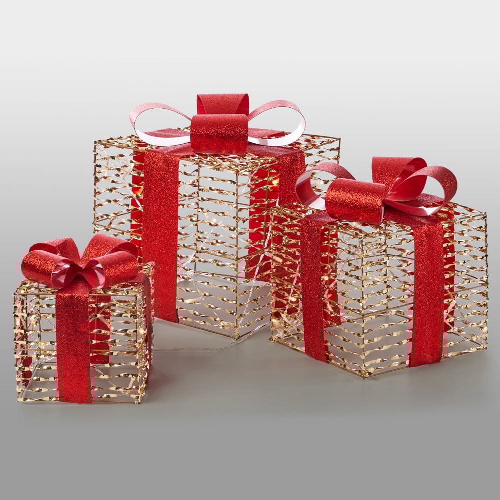 The Christmas Workshop 75 Warm White LED Gold and Red Gift Box Decoration Set of 3 Image 2