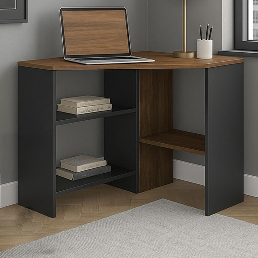 Decorotika Alison 3 Shelf Corner Computer Desk Walnut and Black Image 1