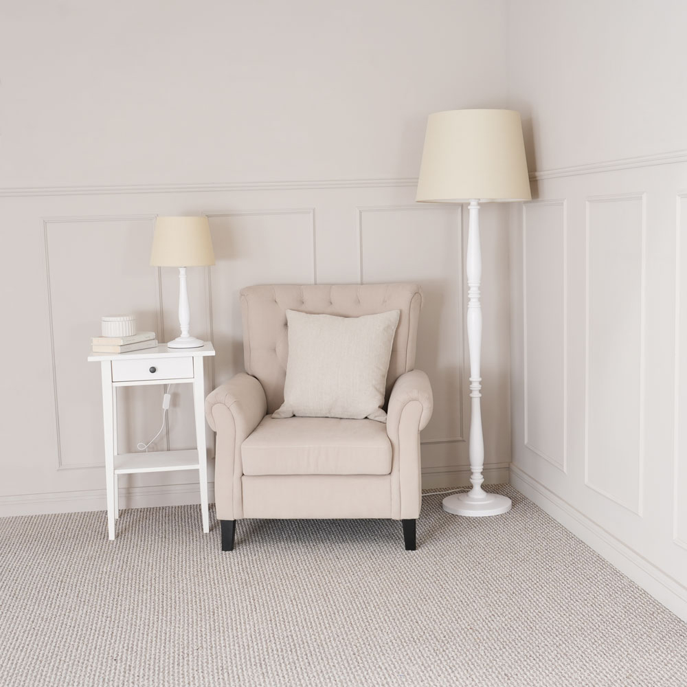 ValueLights Victoria Beige Fabric Tapered Shade White Wood Traditional Stem LED Floor Lamp Image 5