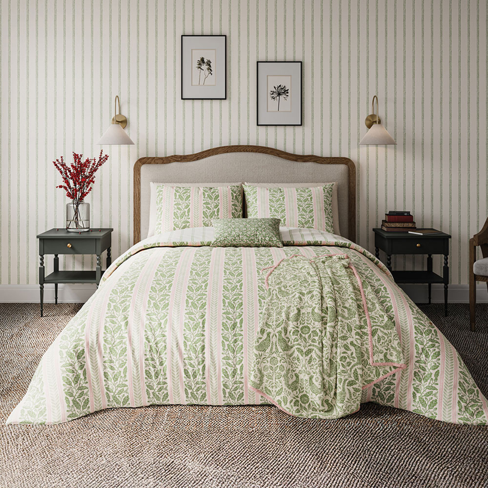 Helena Springfield Super King Size Green and Pink Oak Stripe Duvet Set Image 1