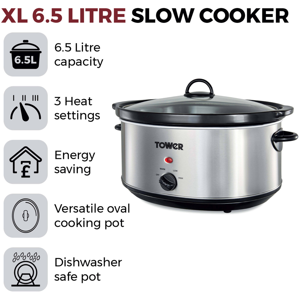 Tower T16040Y Silver Stainless Steel Slow Cooker 6.5L Image 6