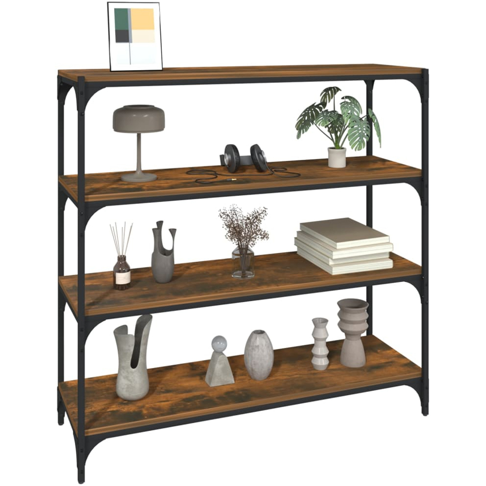 vidaXL 4 Shelf Smoked Oak Wood and Steel Wide Bookcase Image 4