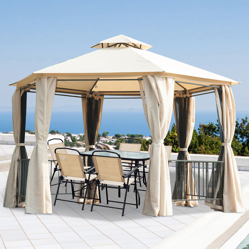 Outsunny 3 x 3m Beige 2 Tier Canopy Gazebo with Sides Image 1
