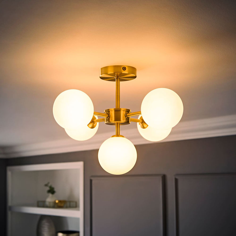 ValueLights Hollis Glass Globe Shade Gold Metal Ceiling Light Fitting with Bulb Image 2