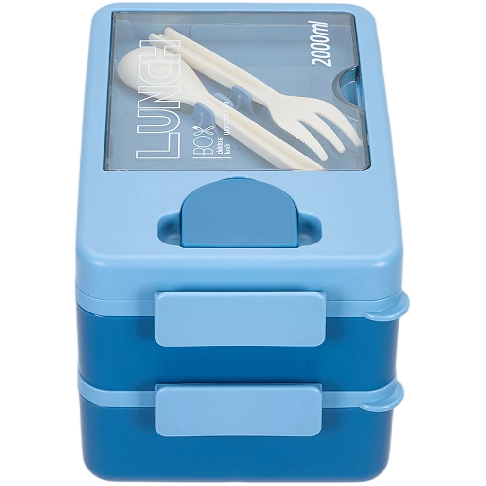 Living and Home 2L 2-Tier Blue Lunch Box with Cutlery and Sauce Container Image 3