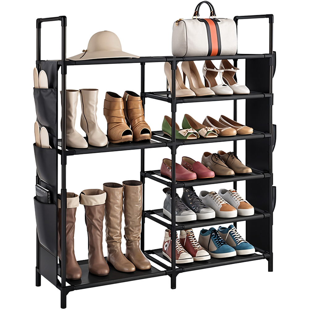 H&O Direct 9 Shelf Black Steel and Fabric Shoe Rack Image 1
