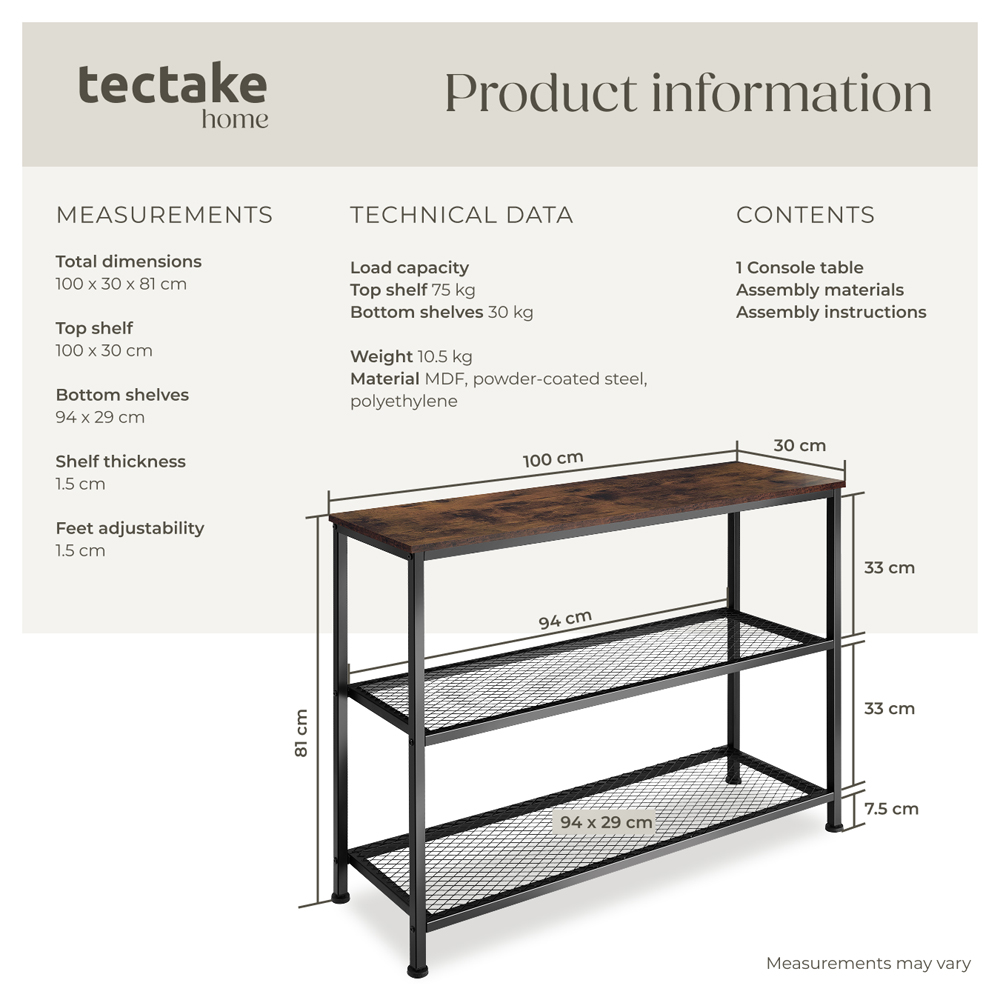 tectake Bristol 2 Wire Shelf Industrial Dark Wood Console Table Image 8