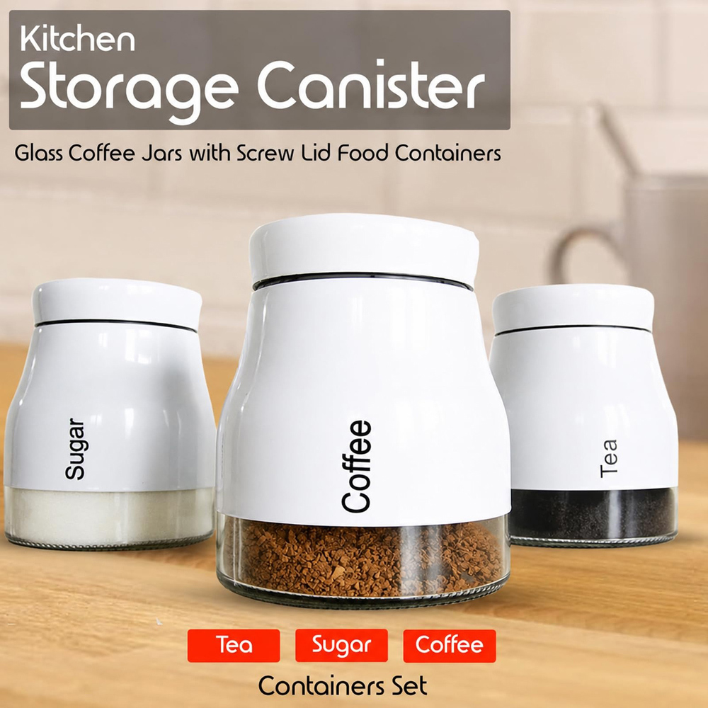 ATEK 3 Piece Tea Coffee and Sugar White Kitchen Canister Set Image 2