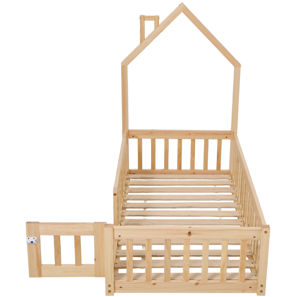 Living and Home Kids Natural Pine Wood Floor Bed Frame with Roof Headboard Image 4