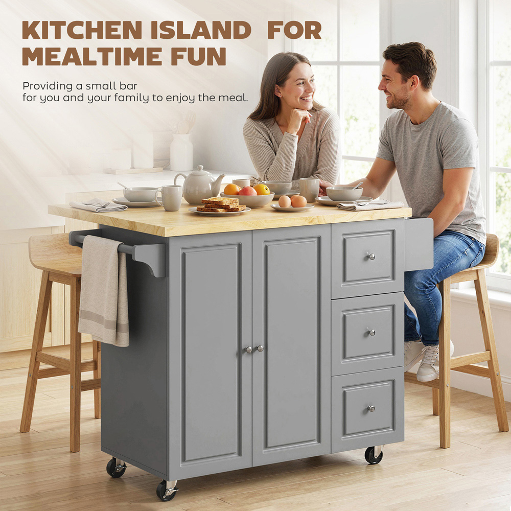 Portland 2 Door 3 Drawer Grey Drop Leaf Kitchen Island Storage Trolley Image 4