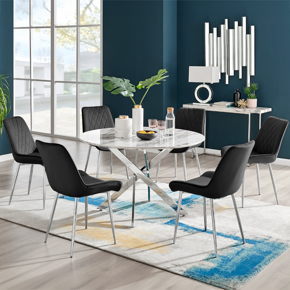 Furniturebox Arona Cesano Marble Effect 6 Seater Dining Set White Chrome and Black Image 1