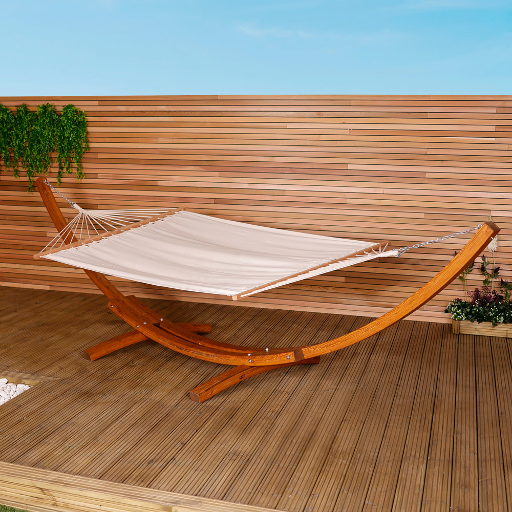 Charles Bentley Cream Canvas Extra Large Hammock with Wooden Arc Stand Image 1